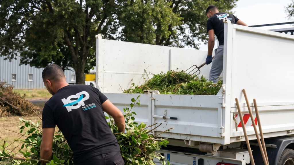 Équipe ISP Nettoyage réalisant l'évacuation des déchets verts après la taille d'une haie à Toulouse.